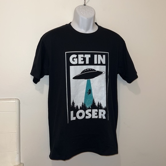 Unisex “Get in Loser” Alien Abduction Black Graphic Tee - Picture 3 of 9